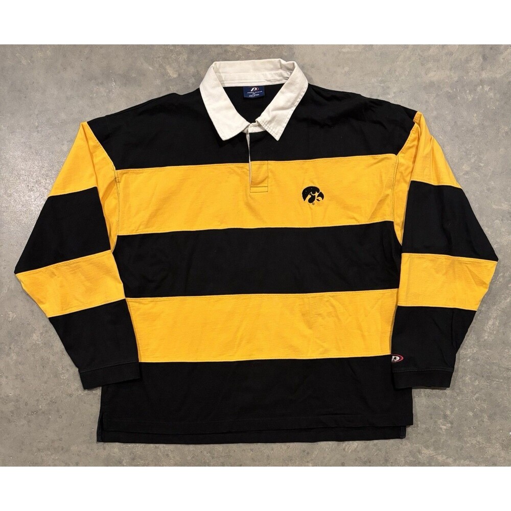 VTG Iowa Hawkeyes Rugby Polo Shirt Men 2XL 90s Y2K Black Yellow Stripe